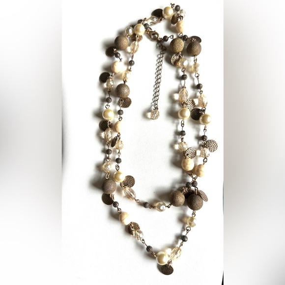Adjustable Pearl, Crystal & Brass metallic beading & chain necklace 36” to 40” - Picture 3 of 6